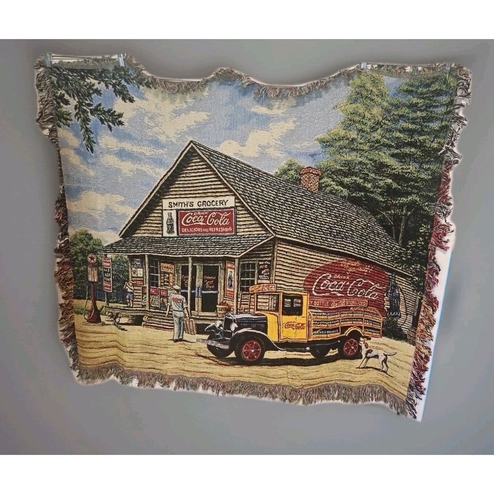 Coca Cola Tapestry Throw Blanket Fringed Retro Smith's Grocery & Pick-up 65x45